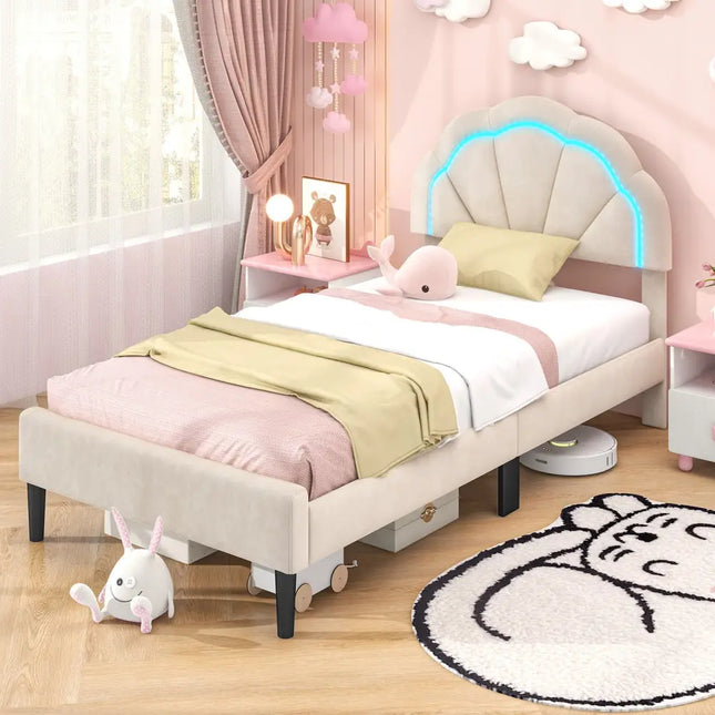 Upholstered LED Bed Frame with Adjustable Flower Headboard and Metal Support Feet-Twin Size - Trundle Bed Frame