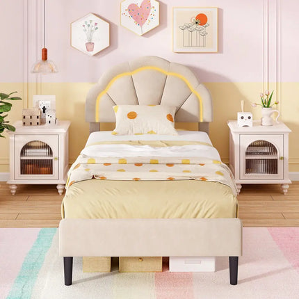 Upholstered LED Bed Frame with Adjustable Flower Headboard and Metal Support Feet-Twin Size - Trundle Bed Frame