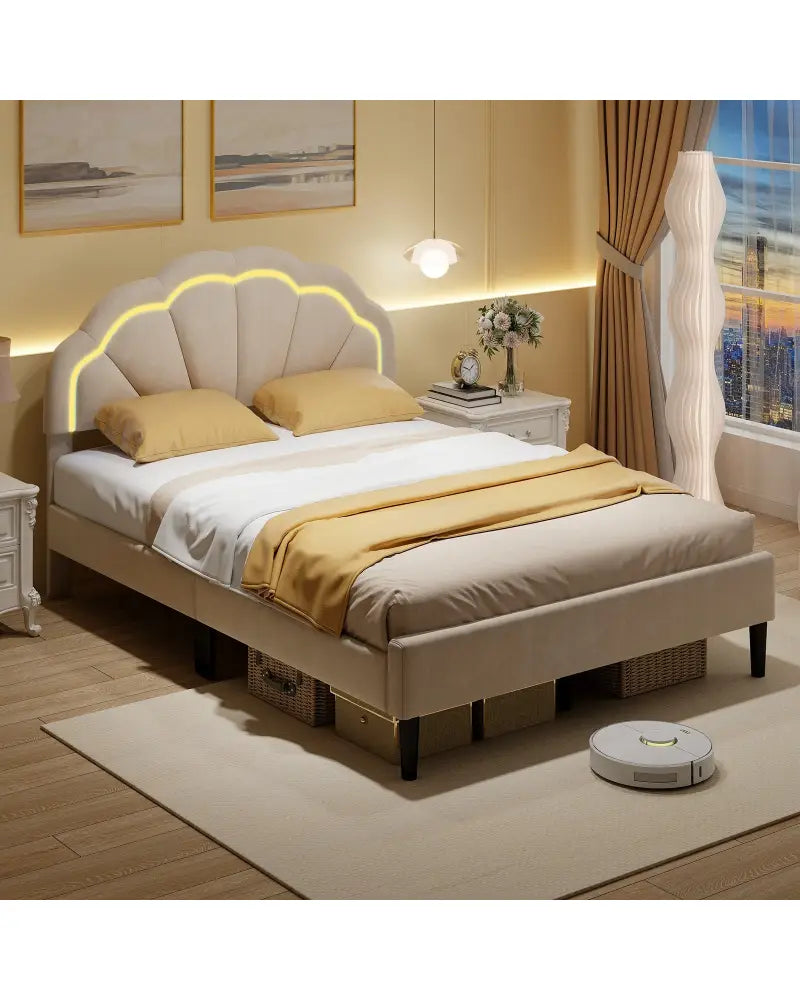 Upholstered LED Bed Frame with Adjustable Flower Headboard and Metal Support Feet-Full Size - Trundle Bed Frame