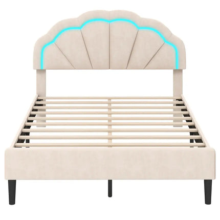 Upholstered LED Bed Frame with Adjustable Flower Headboard and Metal Support Feet-Full Size - Trundle Bed Frame