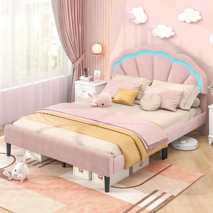 Upholstered LED Bed Frame with Adjustable Flower Headboard and Metal Support Feet Pink-Queen Size - Trundle Bed Frame