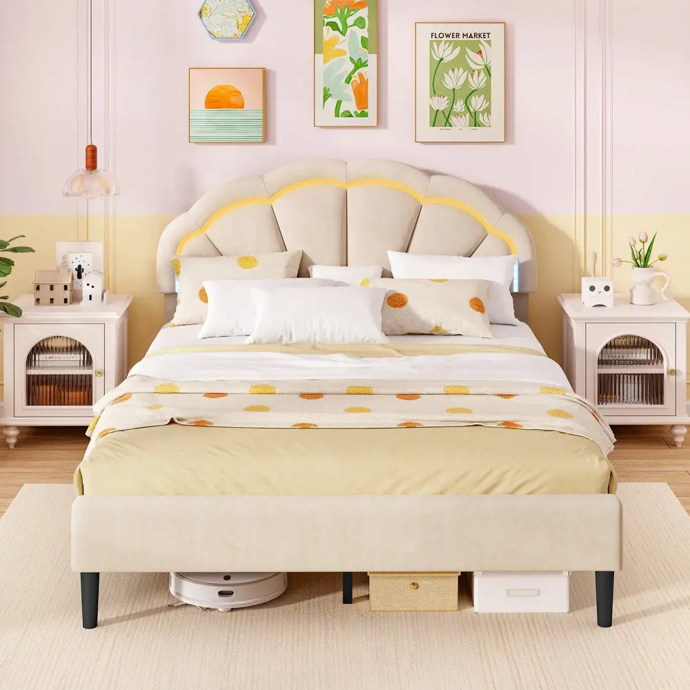 Upholstered LED Bed Frame with Adjustable Flower Headboard and Metal Support Feet-Queen Size - Trundle Bed Frame