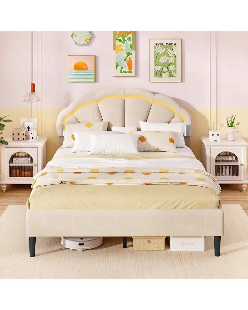 Upholstered LED Bed Frame with Adjustable Flower Headboard and Metal Support Feet-Queen Size - Trundle Bed Frame