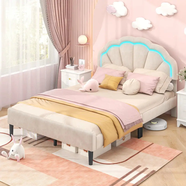 Upholstered LED Bed Frame with Adjustable Flower Headboard and Metal Support Feet-Full Size - Trundle Bed Frame