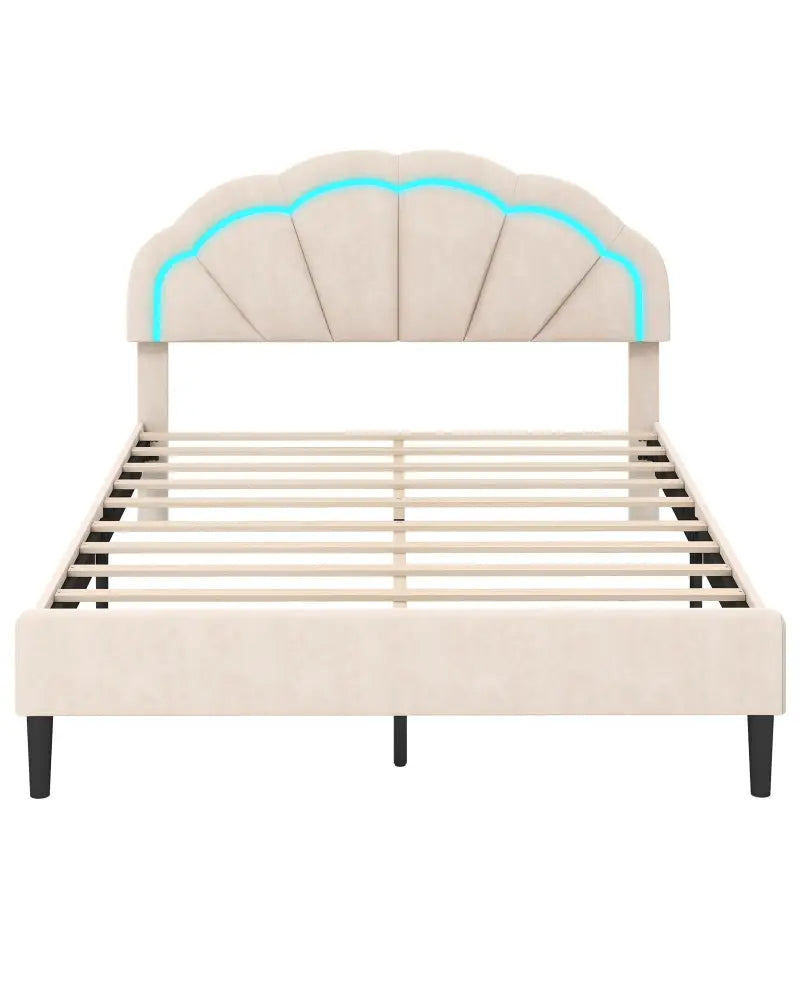 Upholstered LED Bed Frame with Adjustable Flower Headboard and Metal Support Feet-Queen Size - Trundle Bed Frame