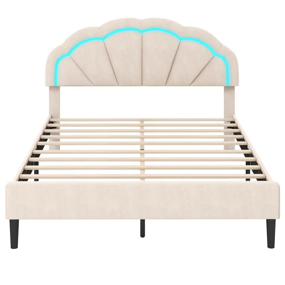 Upholstered LED Bed Frame with Adjustable Flower Headboard and Metal Support Feet-Queen Size - Trundle Bed Frame