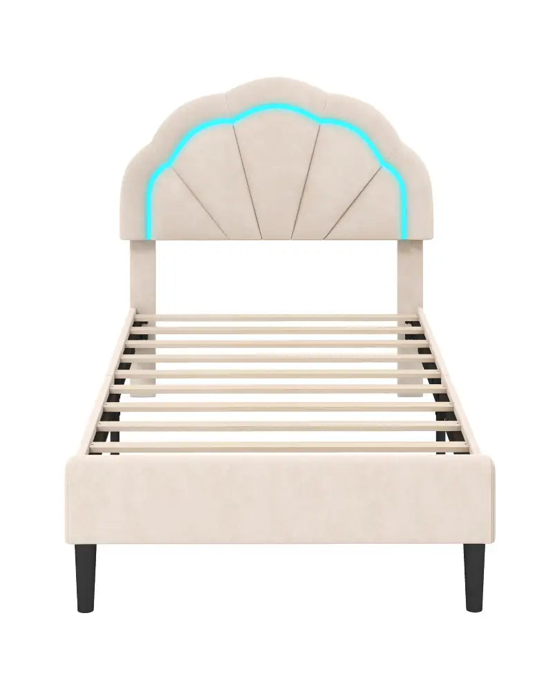 Upholstered LED Bed Frame with Adjustable Flower Headboard and Metal Support Feet-Twin Size - Trundle Bed Frame