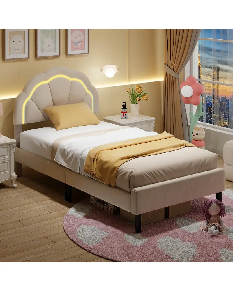 Upholstered LED Bed Frame with Adjustable Flower Headboard and Metal Support Feet-Twin Size - Trundle Bed Frame