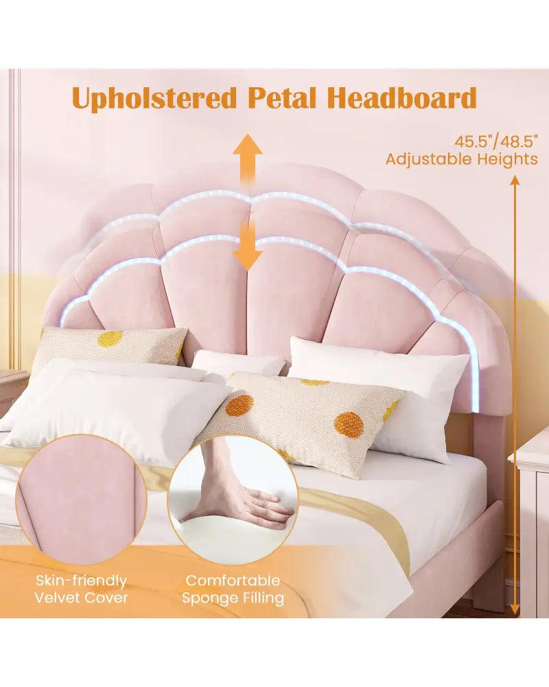 Upholstered LED Bed Frame with Adjustable Flower Headboard and Metal Support Feet Pink-Queen Size - Trundle Bed Frame