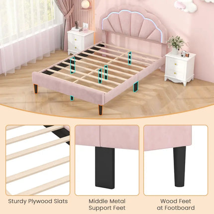 Upholstered LED Bed Frame with Adjustable Flower Headboard and Metal Support Feet Pink-Queen Size - Trundle Bed Frame
