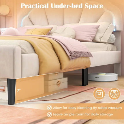 Upholstered LED Bed Frame with Adjustable Flower Headboard and Metal Support Feet-Queen Size - Trundle Bed Frame