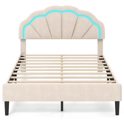Upholstered LED Bed Frame with Adjustable Flower Headboard and Metal Support Feet-Full Size - Trundle Bed Frame
