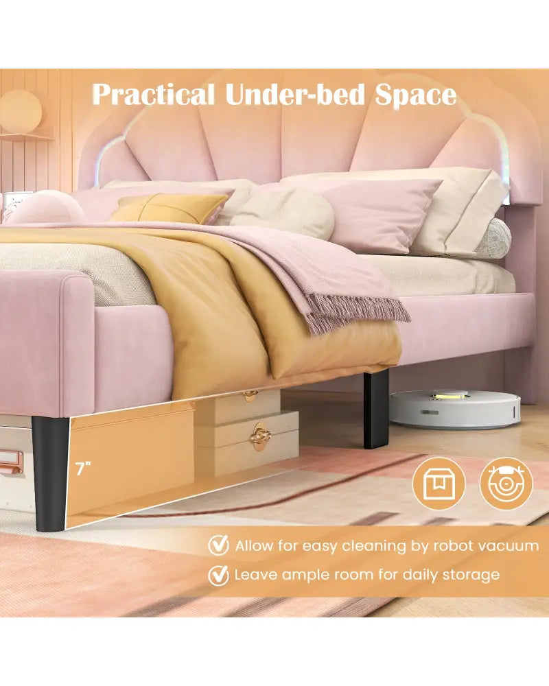 Upholstered LED Bed Frame with Adjustable Flower Headboard and Metal Support Feet Pink-Queen Size - Trundle Bed Frame