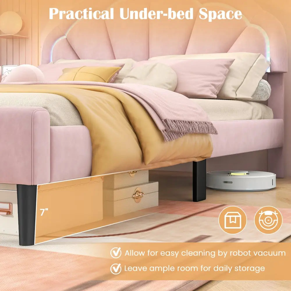 Upholstered LED Bed Frame with Adjustable Flower Headboard and Metal Support Feet Pink-Queen Size - Trundle Bed Frame