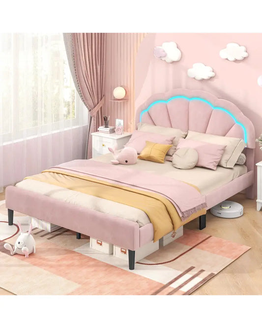 Upholstered LED Bed Frame with Adjustable Flower Headboard and Metal Support Feet Pink-Queen Size - Trundle Bed Frame