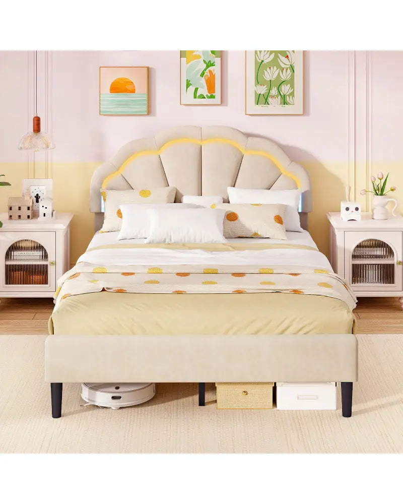 Upholstered LED Bed Frame with Adjustable Flower Headboard and Metal Support Feet-Full Size - Trundle Bed Frame