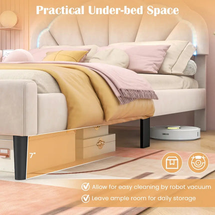 Upholstered LED Bed Frame with Adjustable Flower Headboard and Metal Support Feet-Full Size - Trundle Bed Frame