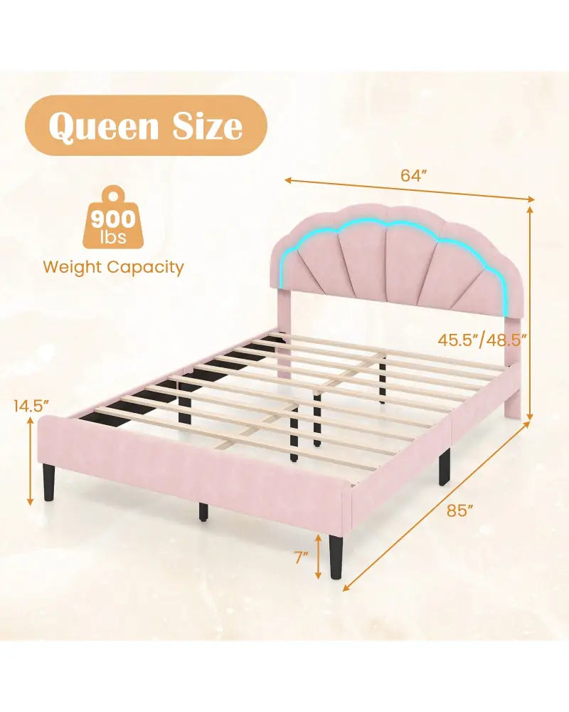 Upholstered LED Bed Frame with Adjustable Flower Headboard and Metal Support Feet Pink-Queen Size - Trundle Bed Frame