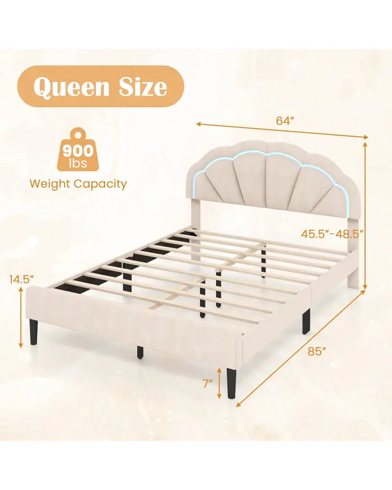 Upholstered LED Bed Frame with Adjustable Flower Headboard and Metal Support Feet-Queen Size - Trundle Bed Frame