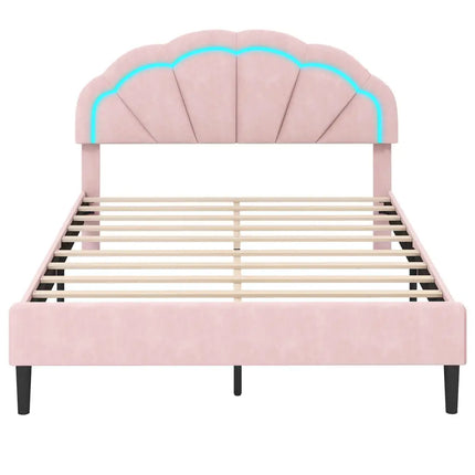 Upholstered LED Bed Frame with Adjustable Flower Headboard and Metal Support Feet Pink-Queen Size - Trundle Bed Frame