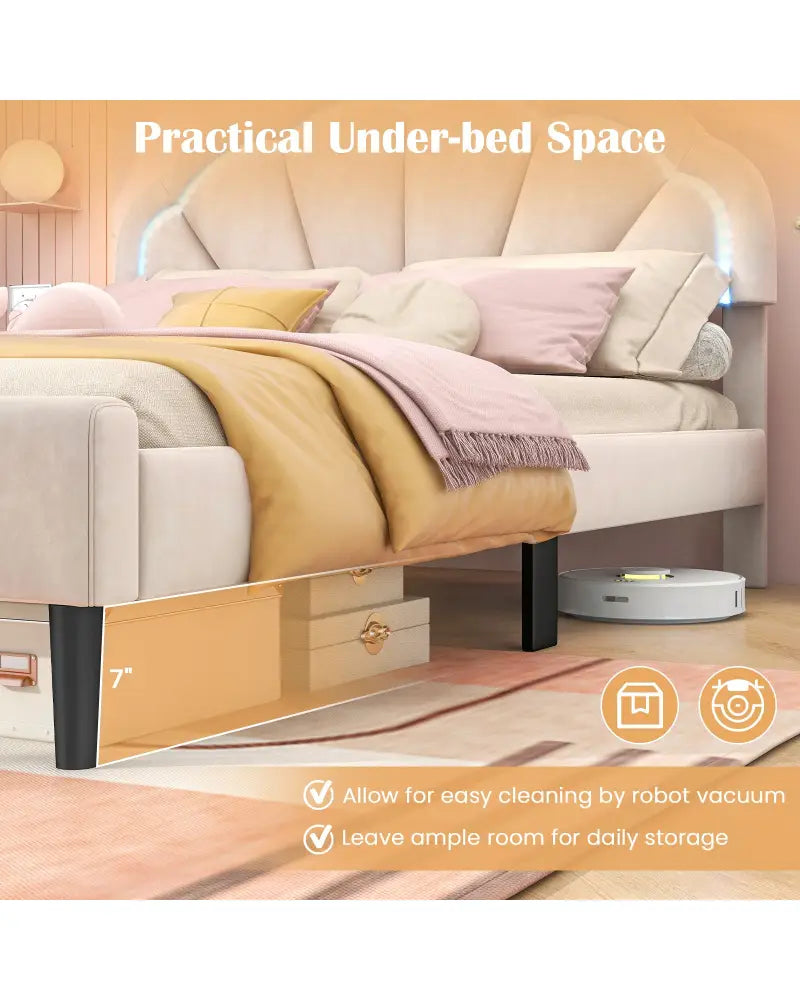 Upholstered LED Bed Frame with Adjustable Flower Headboard and Metal Support Feet-Full Size - Trundle Bed Frame