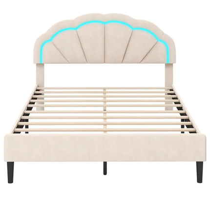 Upholstered LED Bed Frame with Adjustable Flower Headboard and Metal Support Feet-Queen Size - Trundle Bed Frame