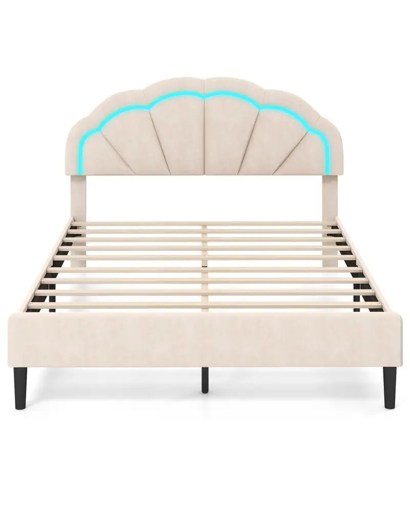 Upholstered LED Bed Frame with Adjustable Flower Headboard and Metal Support Feet-Queen Size - Trundle Bed Frame