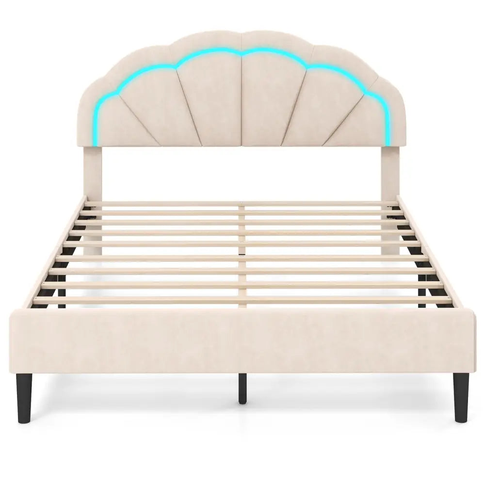 Upholstered LED Bed Frame with Adjustable Flower Headboard and Metal Support Feet-Queen Size - Trundle Bed Frame