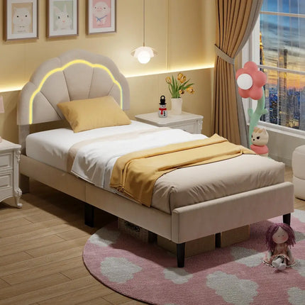 Upholstered LED Bed Frame with Adjustable Flower Headboard and Metal Support Feet-Twin Size - Trundle Bed Frame