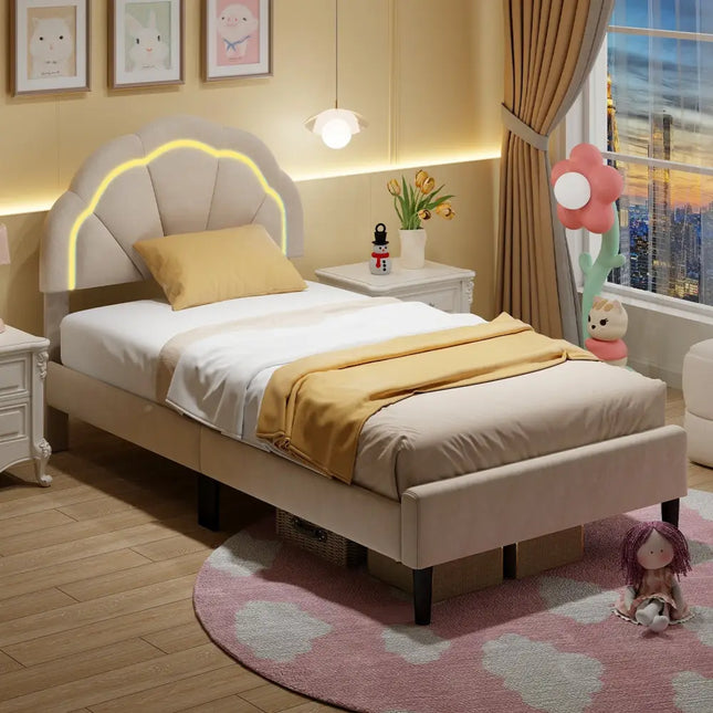 Upholstered LED Bed Frame with Adjustable Flower Headboard and Metal Support Feet-Twin Size - Trundle Bed Frame