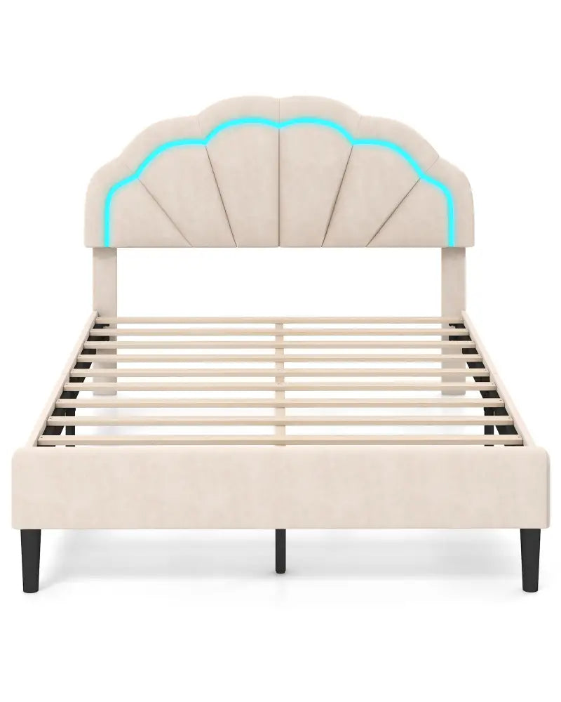 Upholstered LED Bed Frame with Adjustable Flower Headboard and Metal Support Feet-Full Size - Trundle Bed Frame