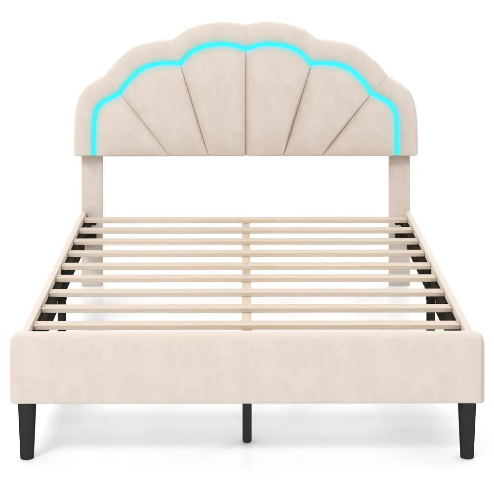 Upholstered LED Bed Frame with Adjustable Flower Headboard and Metal Support Feet-Full Size - Trundle Bed Frame