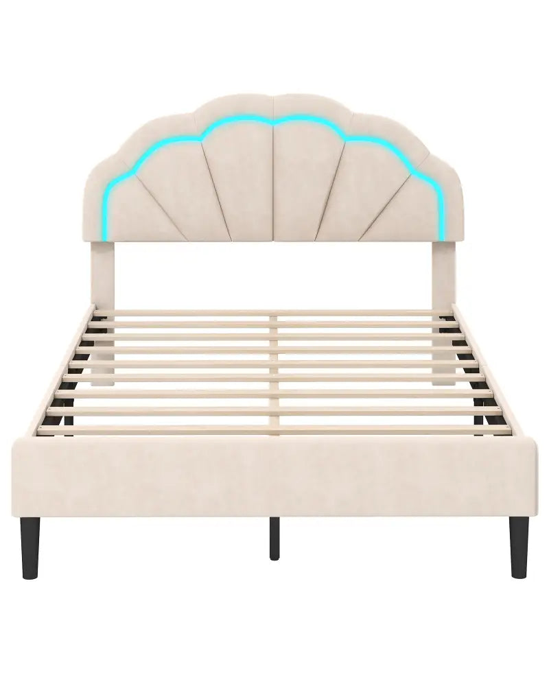 Upholstered LED Bed Frame with Adjustable Flower Headboard and Metal Support Feet-Full Size - Trundle Bed Frame