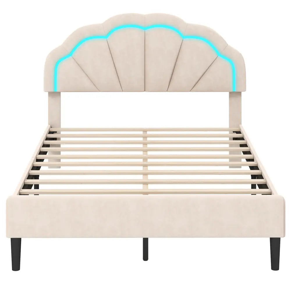 Upholstered LED Bed Frame with Adjustable Flower Headboard and Metal Support Feet-Full Size - Trundle Bed Frame