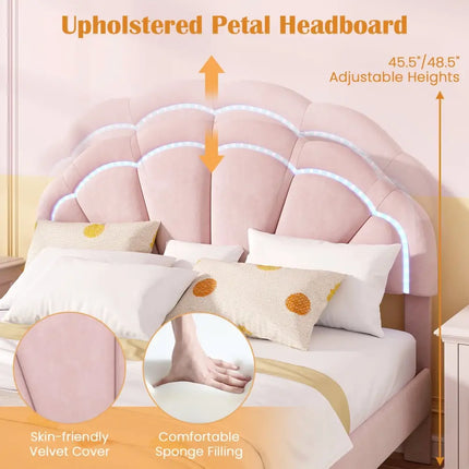 Upholstered LED Bed Frame with Adjustable Flower Headboard and Metal Support Feet Pink-Queen Size - Trundle Bed Frame