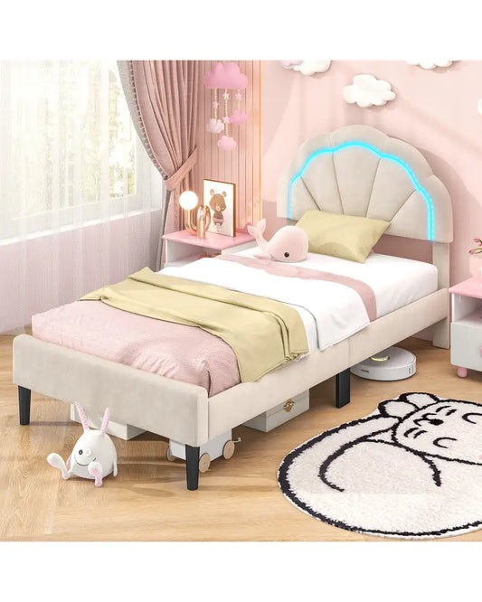 Upholstered LED Bed Frame with Adjustable Flower Headboard and Metal Support Feet-Twin Size - Trundle Bed Frame