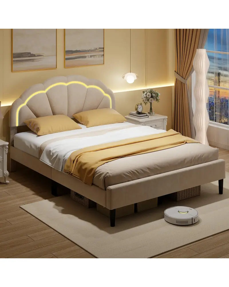Upholstered LED Bed Frame with Adjustable Flower Headboard and Metal Support Feet-Queen Size - Trundle Bed Frame