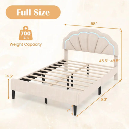 Upholstered LED Bed Frame with Adjustable Flower Headboard and Metal Support Feet-Full Size - Trundle Bed Frame