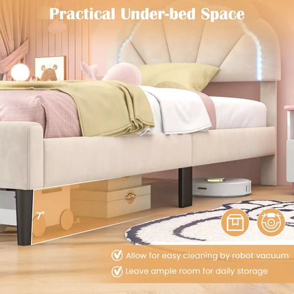 Upholstered LED Bed Frame with Adjustable Flower Headboard and Metal Support Feet-Twin Size - Trundle Bed Frame