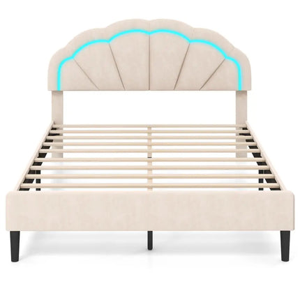 Upholstered LED Bed Frame with Adjustable Flower Headboard and Metal Support Feet-Queen Size - Trundle Bed Frame