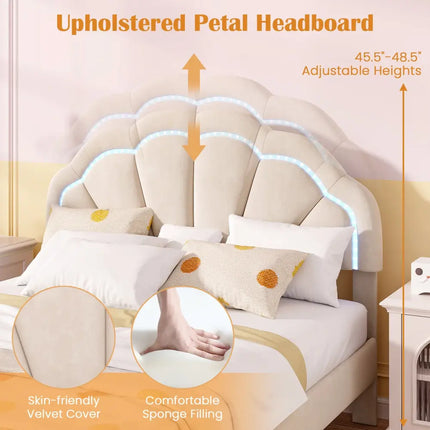 Upholstered LED Bed Frame with Adjustable Flower Headboard and Metal Support Feet-Full Size - Trundle Bed Frame
