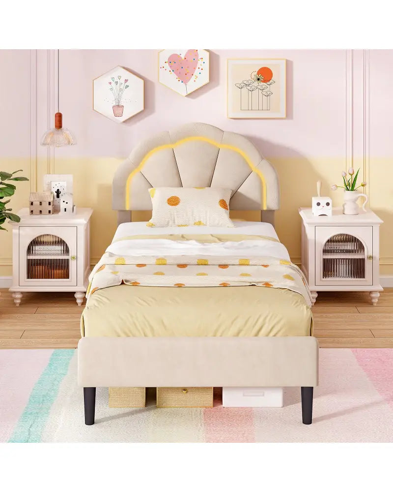 Upholstered LED Bed Frame with Adjustable Flower Headboard and Metal Support Feet-Twin Size - Trundle Bed Frame