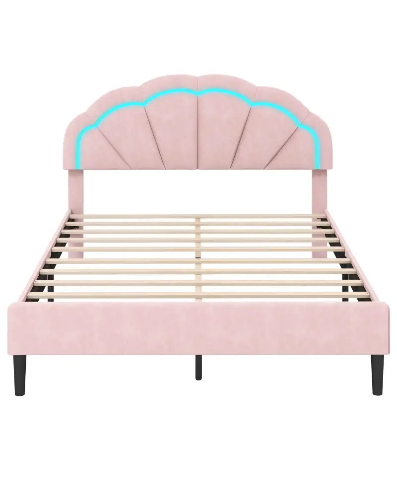Upholstered LED Bed Frame with Adjustable Flower Headboard and Metal Support Feet Pink-Queen Size - Trundle Bed Frame