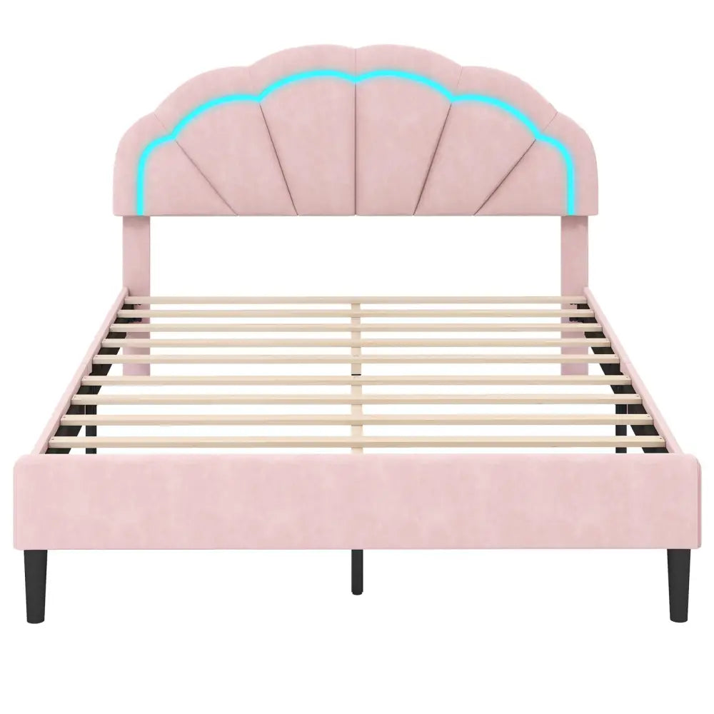 Upholstered LED Bed Frame with Adjustable Flower Headboard and Metal Support Feet Pink-Queen Size - Trundle Bed Frame