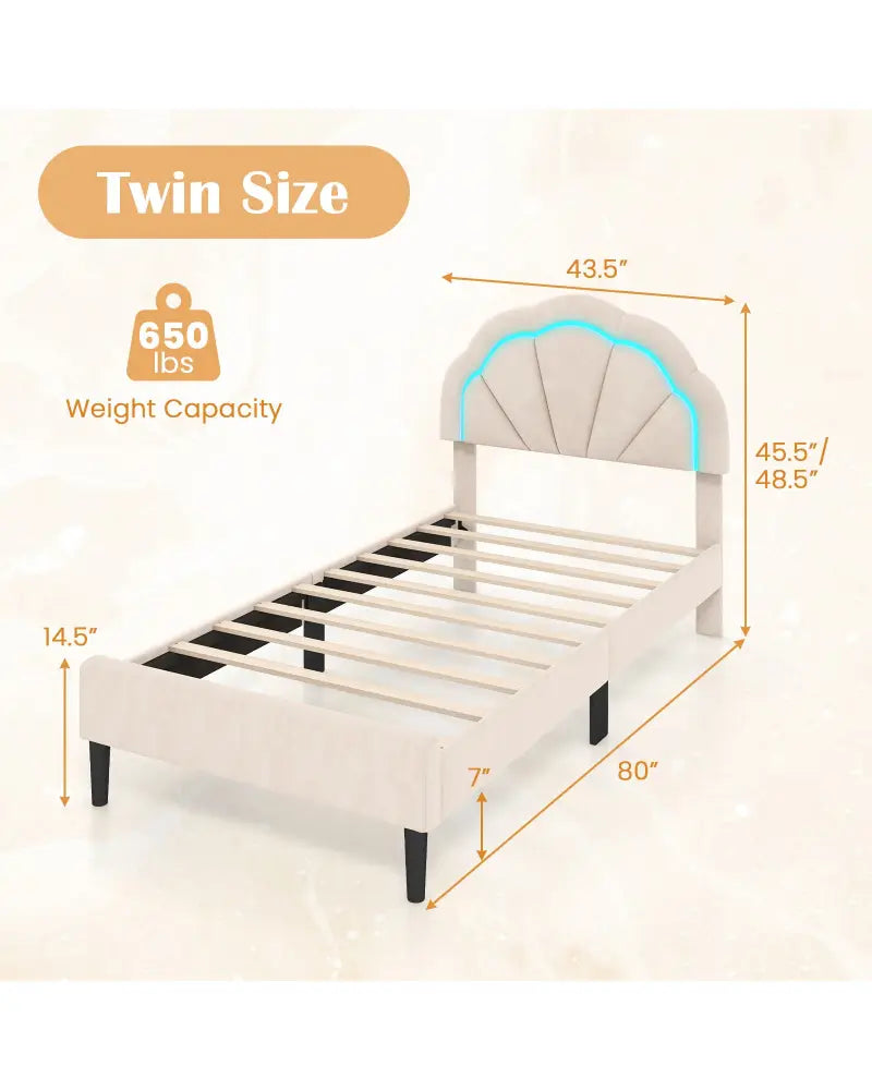 Upholstered LED Bed Frame with Adjustable Flower Headboard and Metal Support Feet-Twin Size - Trundle Bed Frame