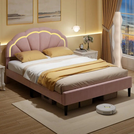 Upholstered LED Bed Frame with Adjustable Flower Headboard and Metal Support Feet Pink-Queen Size - Trundle Bed Frame