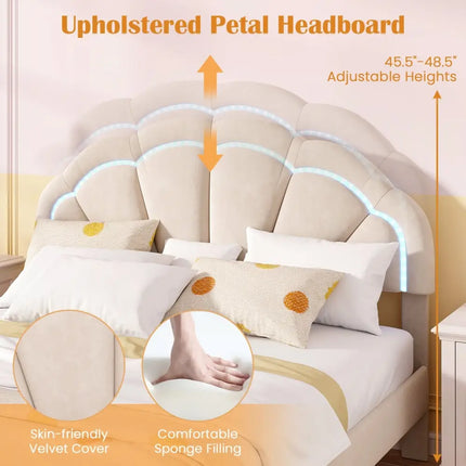 Upholstered LED Bed Frame with Adjustable Flower Headboard and Metal Support Feet-Queen Size - Trundle Bed Frame