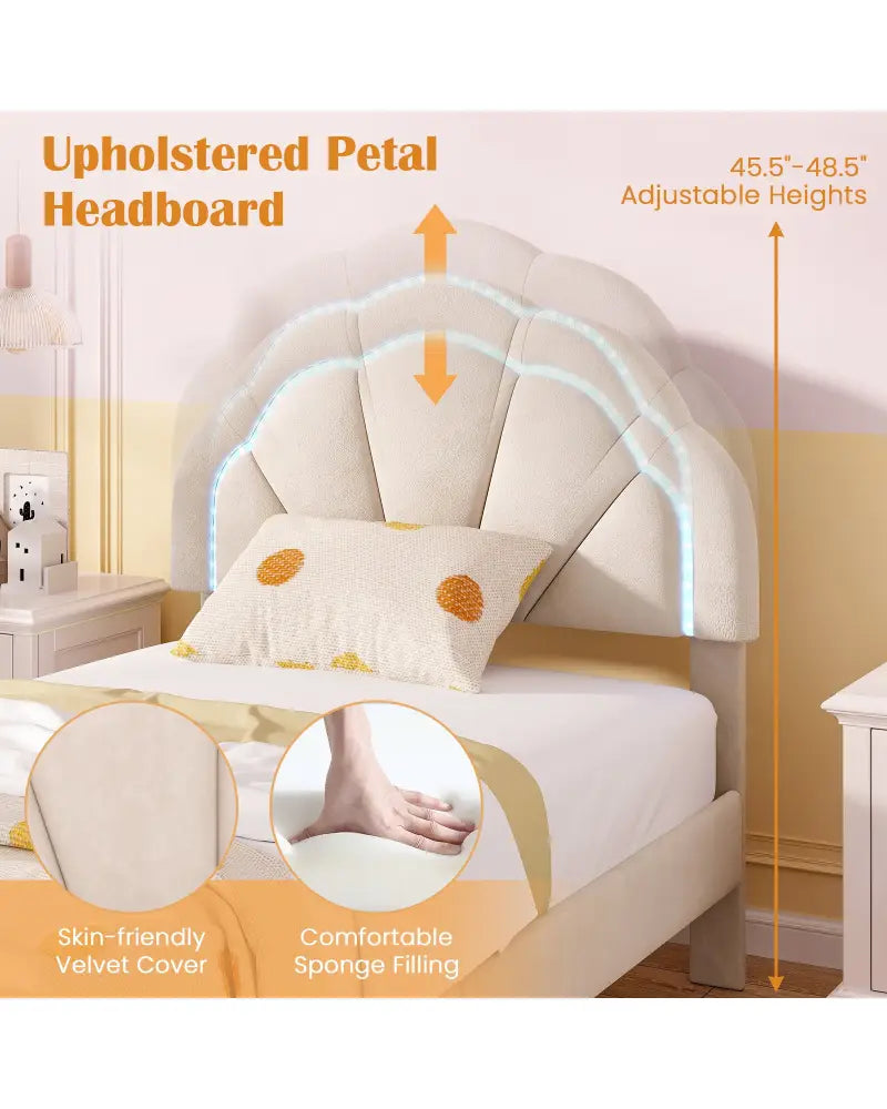Upholstered LED Bed Frame with Adjustable Flower Headboard and Metal Support Feet-Twin Size - Trundle Bed Frame