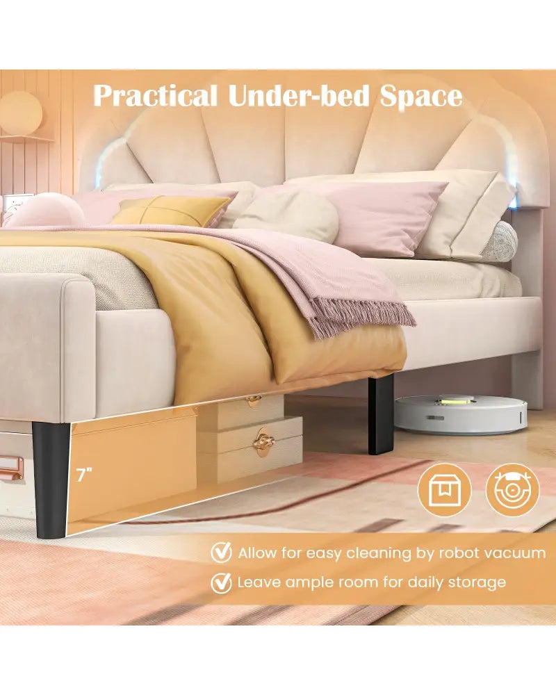 Upholstered LED Bed Frame with Adjustable Flower Headboard and Metal Support Feet-Queen Size - Trundle Bed Frame