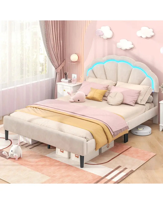 Upholstered LED Bed Frame with Adjustable Flower Headboard and Metal Support Feet-Queen Size - Trundle Bed Frame